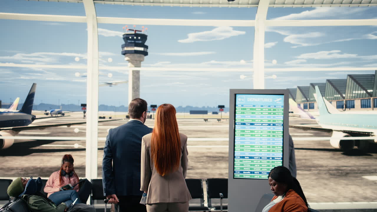 Gerente e assistente revisando documentos na área de espera do terminal do aeroporto.