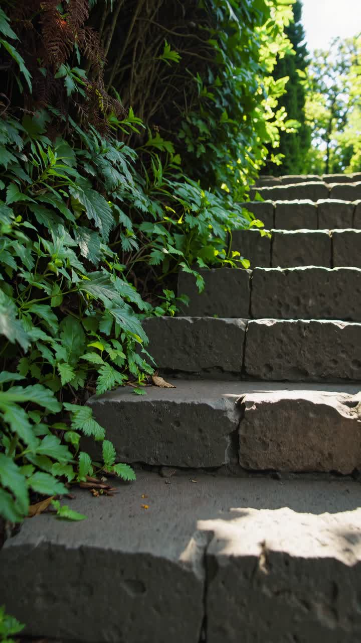 Low-angle video shot of stone steps surrounded by lush greenery, capturing a serene, natural