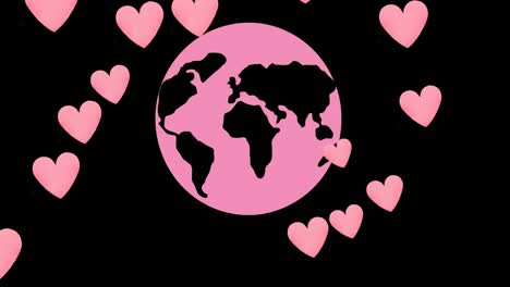 animation of hearts falling over pink globe on black background