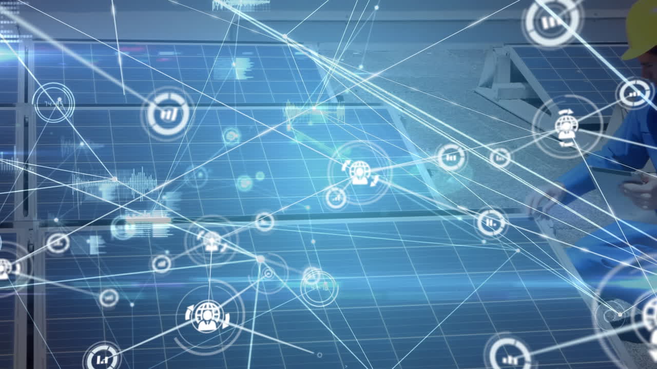 animación de la red de conexiones a través del ingeniero que comprueba los paneles solares