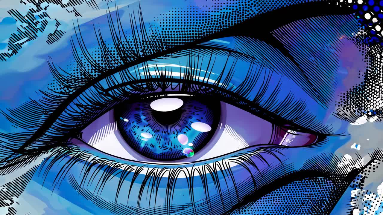 Close-up video still of a stylized pop art eye in vibrant blue hues, featuring bold lines