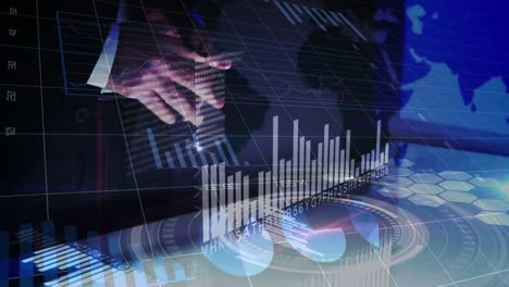 animation of digital data processing over caucasian businessman using interactive screen