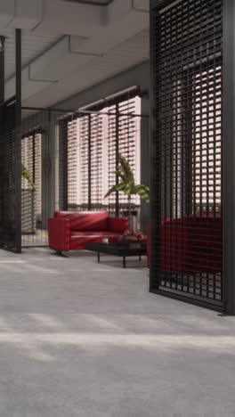 modern office lobby with red sofa and minimalist design