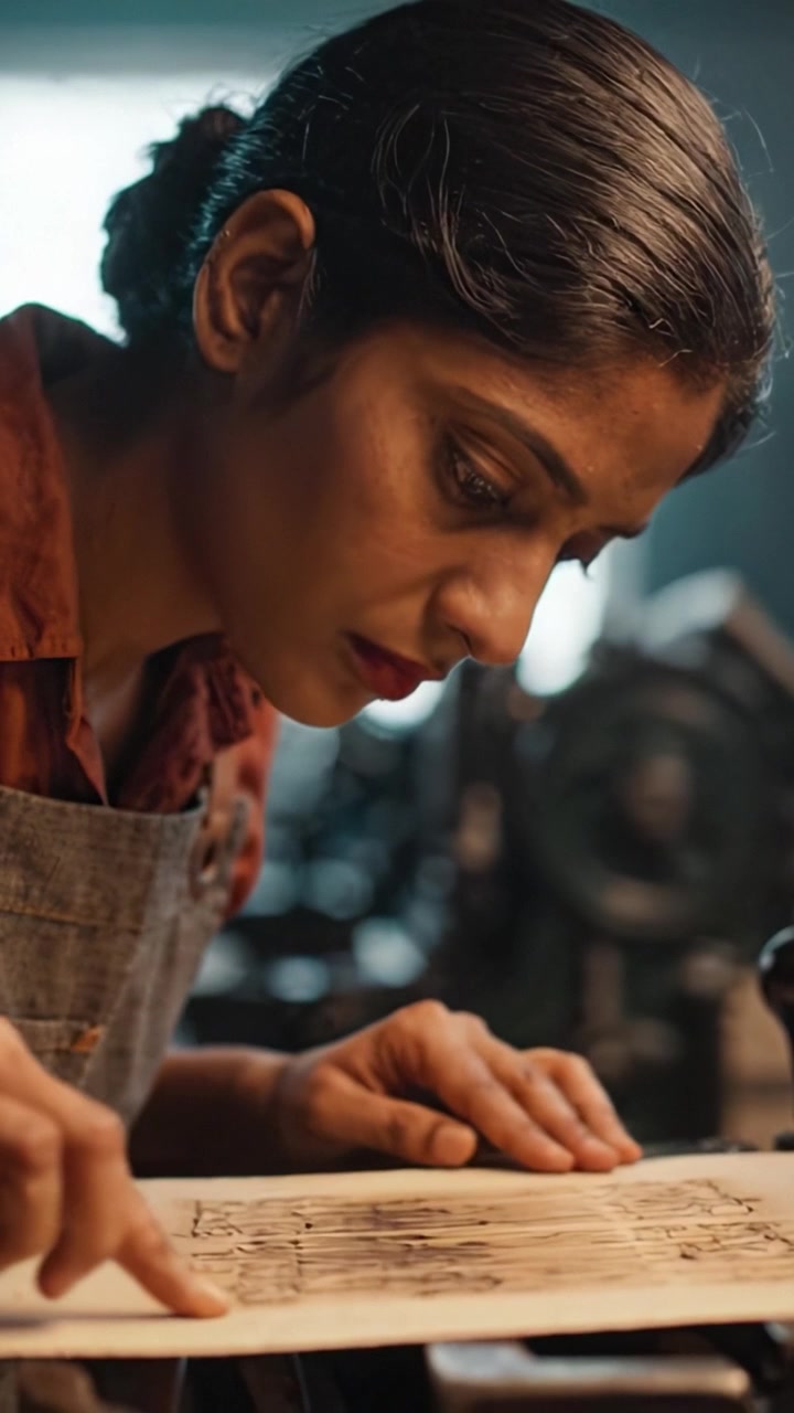 A focused artisan creates intricate designs on paper, showcasing attention to detail and craftsmanship in a well-lit workshop environment.