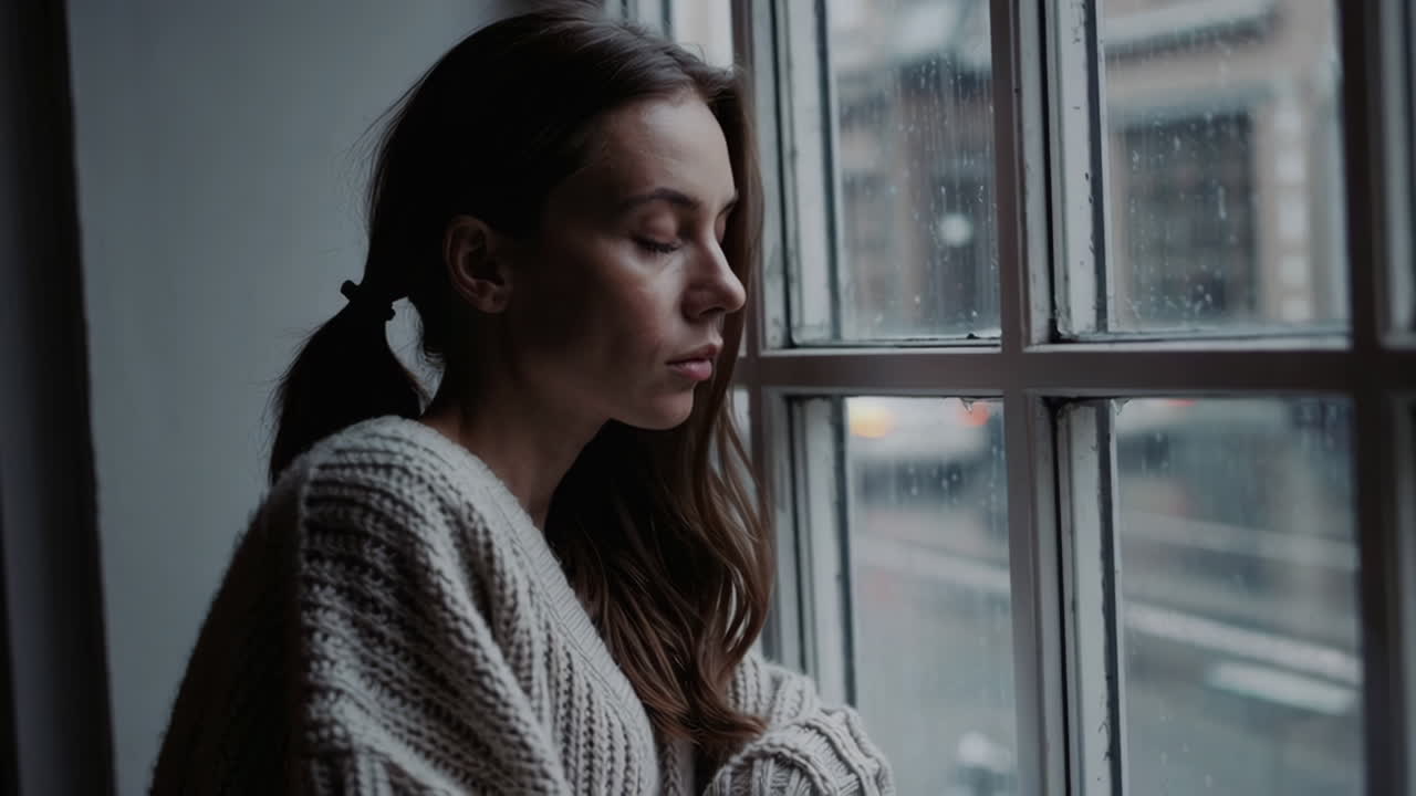 Woman looking out a window on a rainy day
