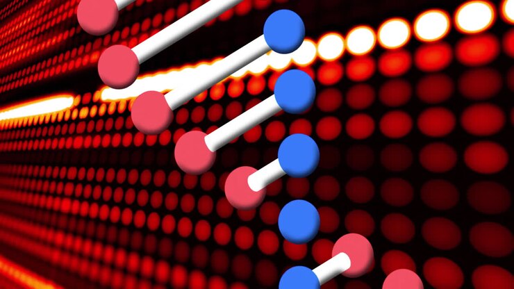 DNA-streng animation over rød og orange digital prikket baggrund.