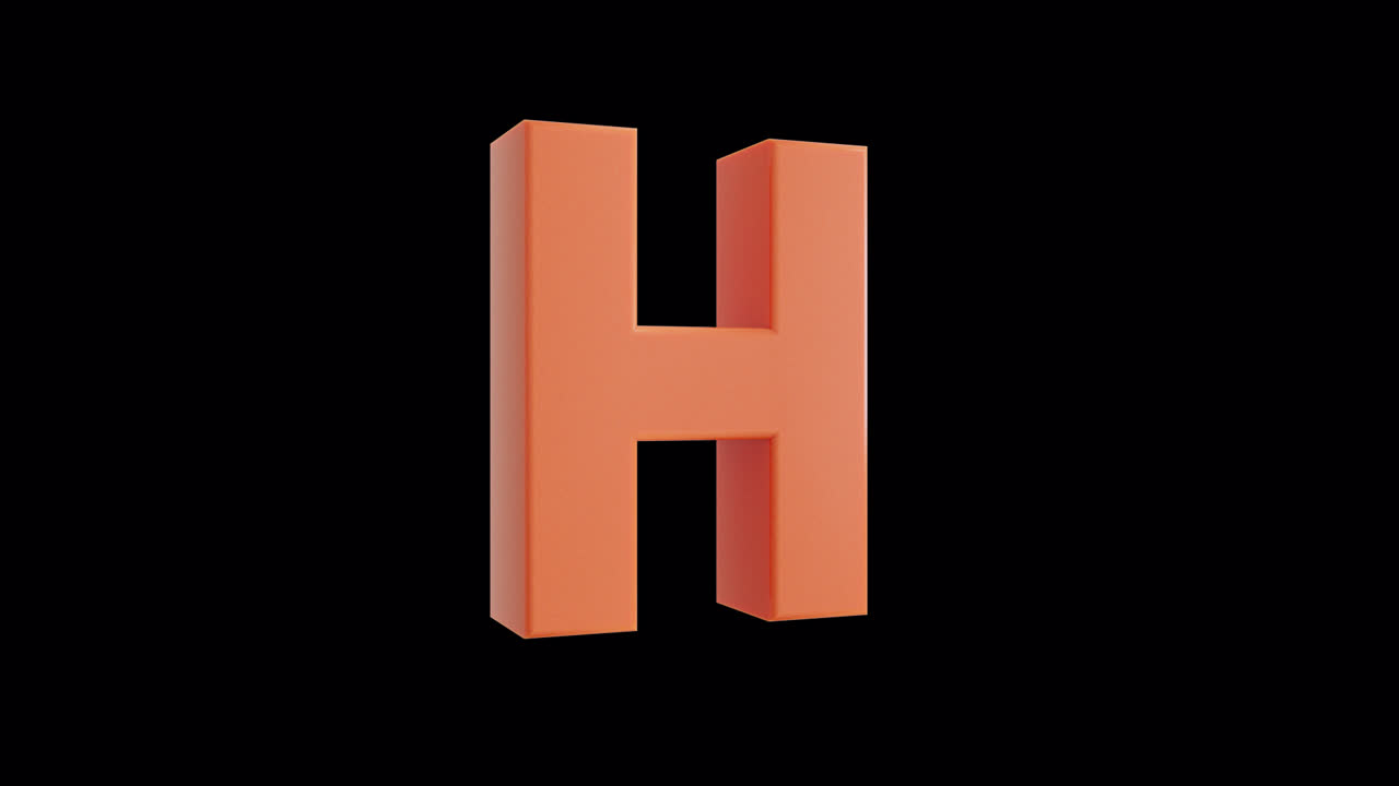 Lettera H arancione 3D che ruota su sfondo nero.