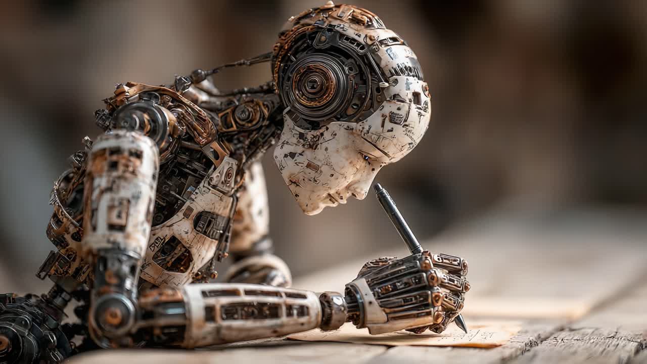 Ein komplexes mechanisches Wesen, versunken in nachdenkliche Reflexion und Schöpfung, das ein fortschrittliches Robotik-Design und die Kunst des präzisen und fokussierten Schreibens demonstriert.