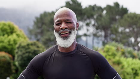 senior black man, face and exercise in park