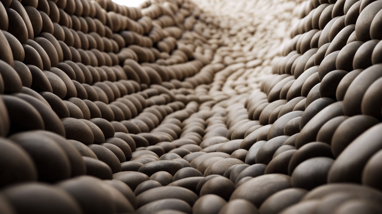 Macro Tunnel Of Brown Spheres, Cinematic Render Evoking Artisan Workshop Molds, Subterranean Pebble Cavern,