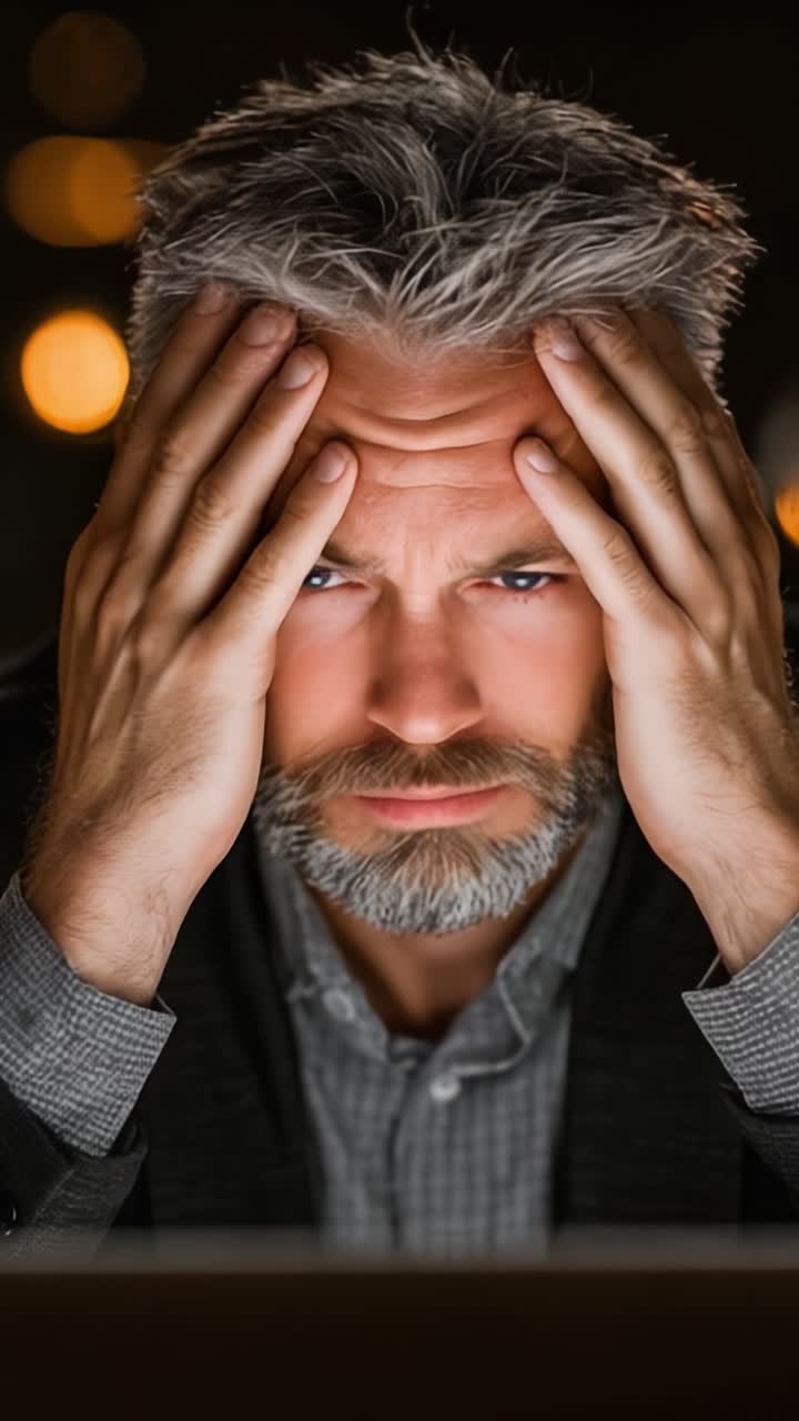 En mand kæmper med stress og angst, griber sig til hovedet i frustration, mens han stirrer på en computerskærm i et dunkelt oplyst rum, der fanger et øjeblik af overvældende følelser