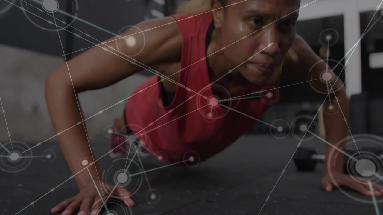 Initial downward push starting set, woman repeating pushups while HUD tracking form for strength