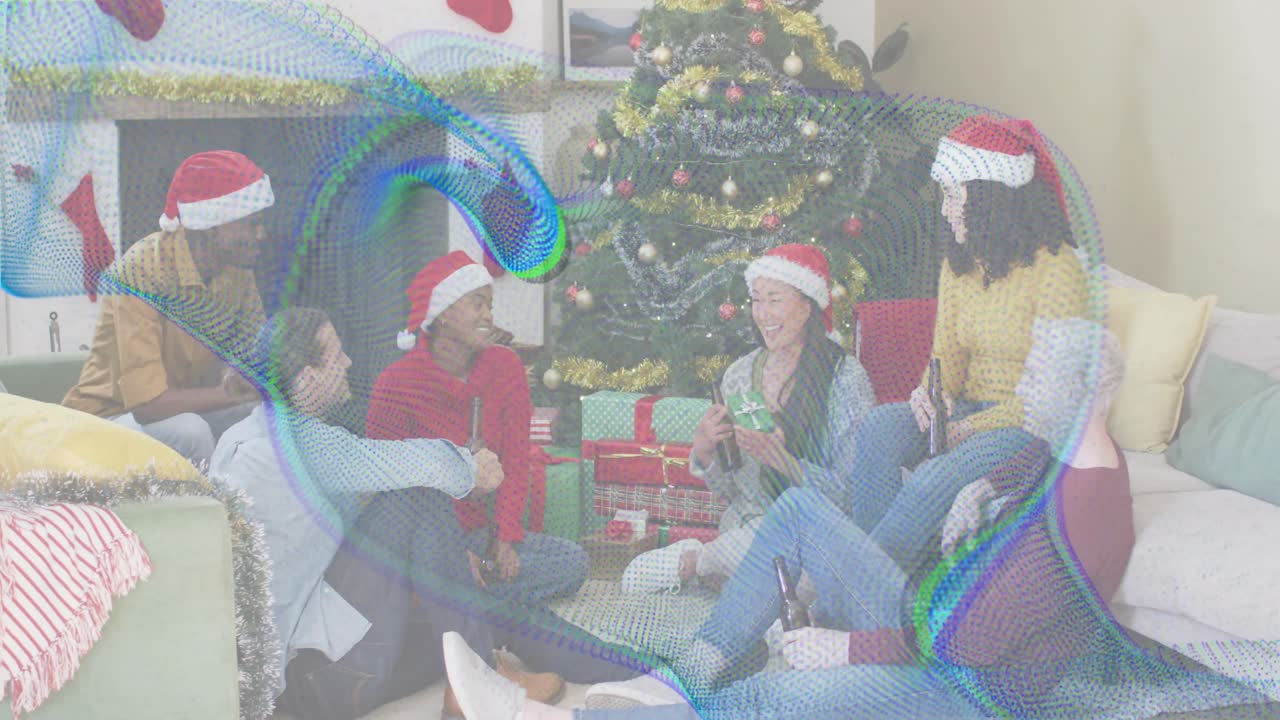 Friends picking gift to start holiday marketing campaign around tree, fireplace with floating icons