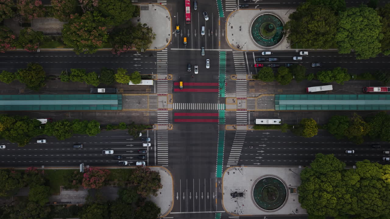 Bird's Eye View Of Traffic In Avenida 9 de Julio In The City Center Of Buenos Aires, Argentina - Drone Shot