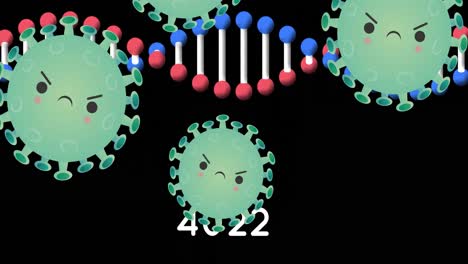 animación de cadenas de adn girando y cayendo células de covid-19 sobre un fondo oscuro