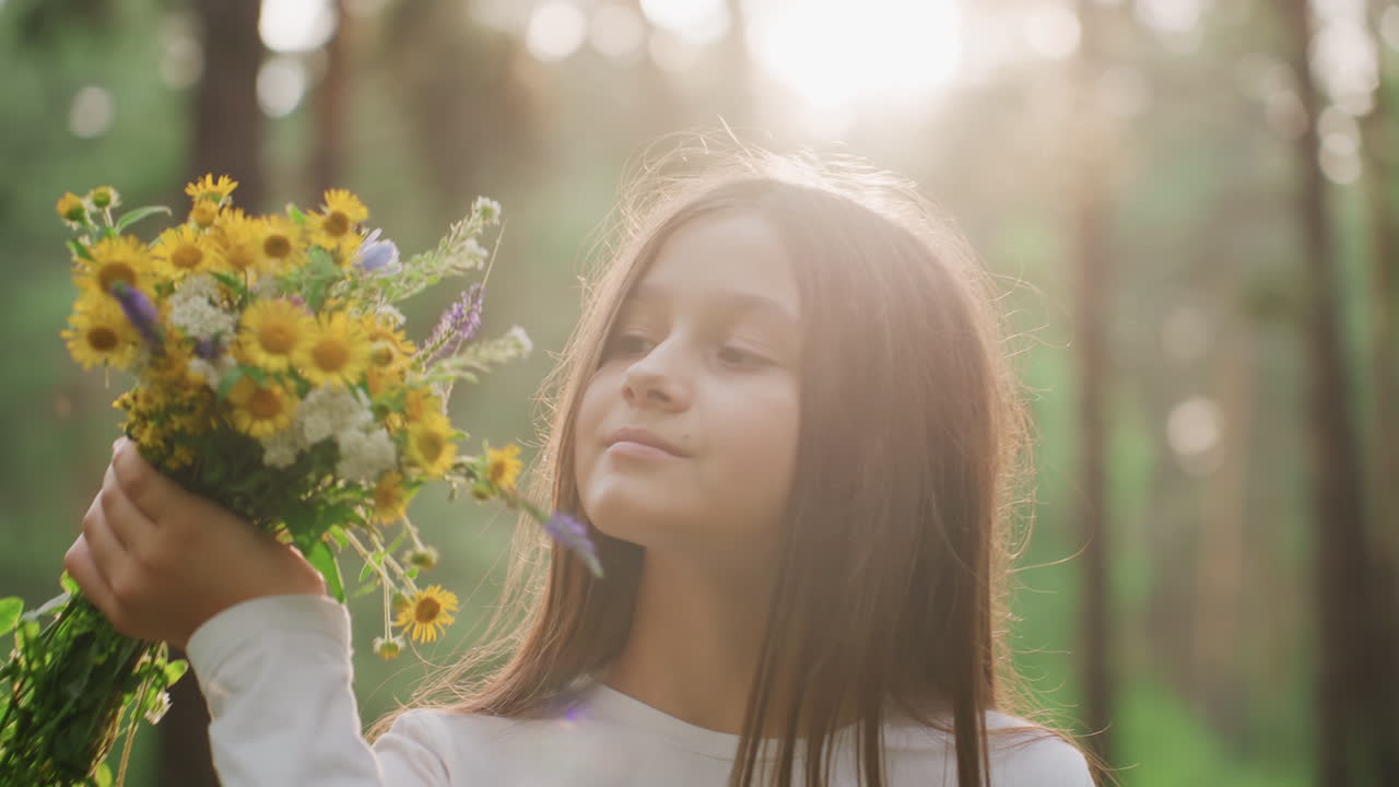 Portrait of young girl with long brown hair holding wildflower bouquet and smelling it gently under soft sunlight in peaceful green forest, showing quiet emotional reflection in nature