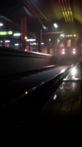 a train arriving at a subway station at night