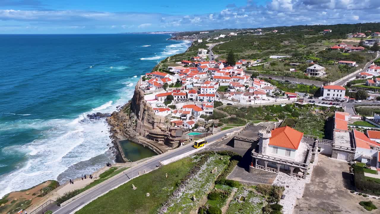 Azenhas Do Mar Beach At Sintra In Lisbon District Portugal. Beach Landscape. Tourism Landmark. Cityscape Aerial View. Azenhas Do Mar Beach At Sintra In Lisbon District Portugal.