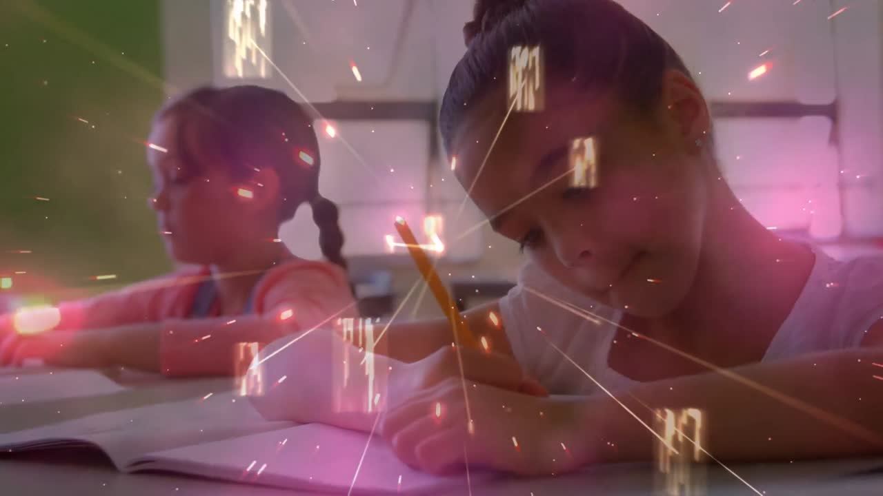 다양한 학교 학생들에 대한 빛의 길의 애니메이션과 데이터 처리가