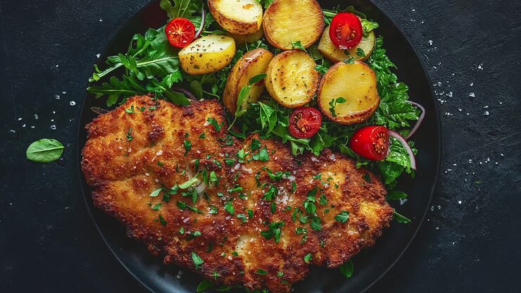 Crispy Chicken Schnitzel with Roasted Potatoes and Arugula Salad