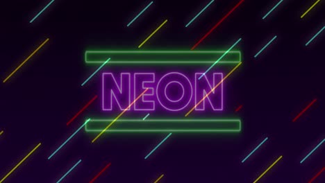 animation of the word neon in pink neon letters with diagonal coloured lines moving on black