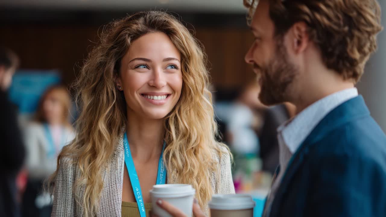 An Engaging Conversation at a Networking Event: A Woman with Beautiful Curly Hair Holds Coffee While Happily Interacting with a Man, Highlighting the Importance of Connection and Communication in Professional Settings