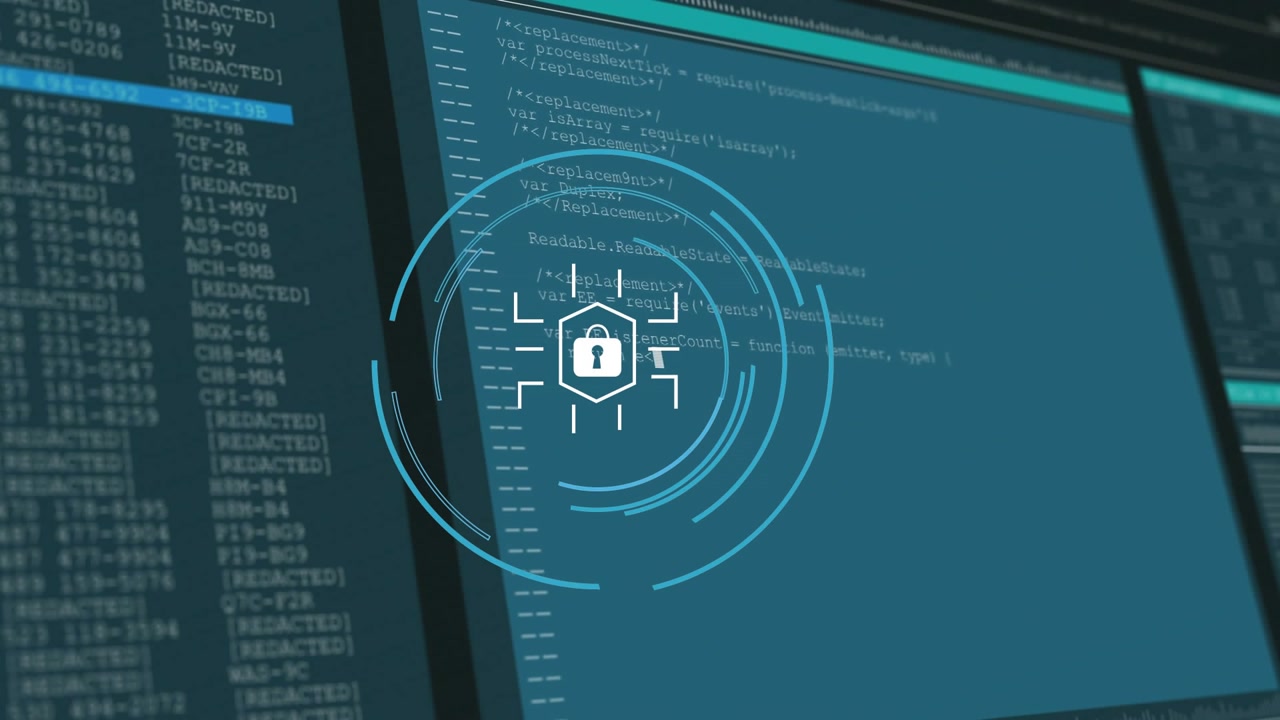 Outline appearing revealing padlock icon with rotating rings, code scrolling, security scan running