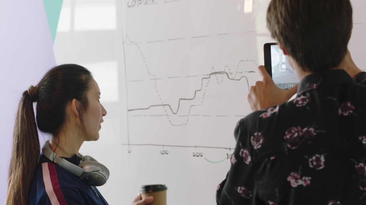 jóvenes estudiantes de negocios trabajando juntos en un proyecto financiero, intercambiando ideas, planificando estrategias de mercado utilizando pizarras, colaborando en el lugar de trabajo de la oficina.