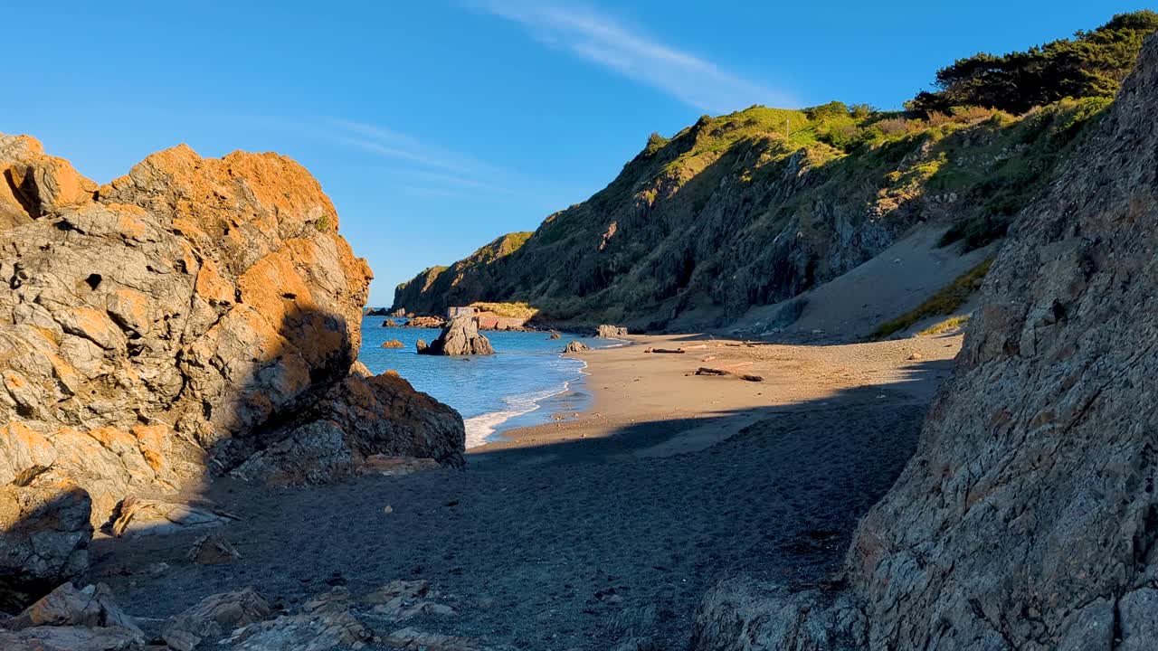 cala oculta con playa de arena, dunas de arena y escarpados acantilados rocosos en la naturaleza al aire libre de wellington, nueva zelanda aotearoa