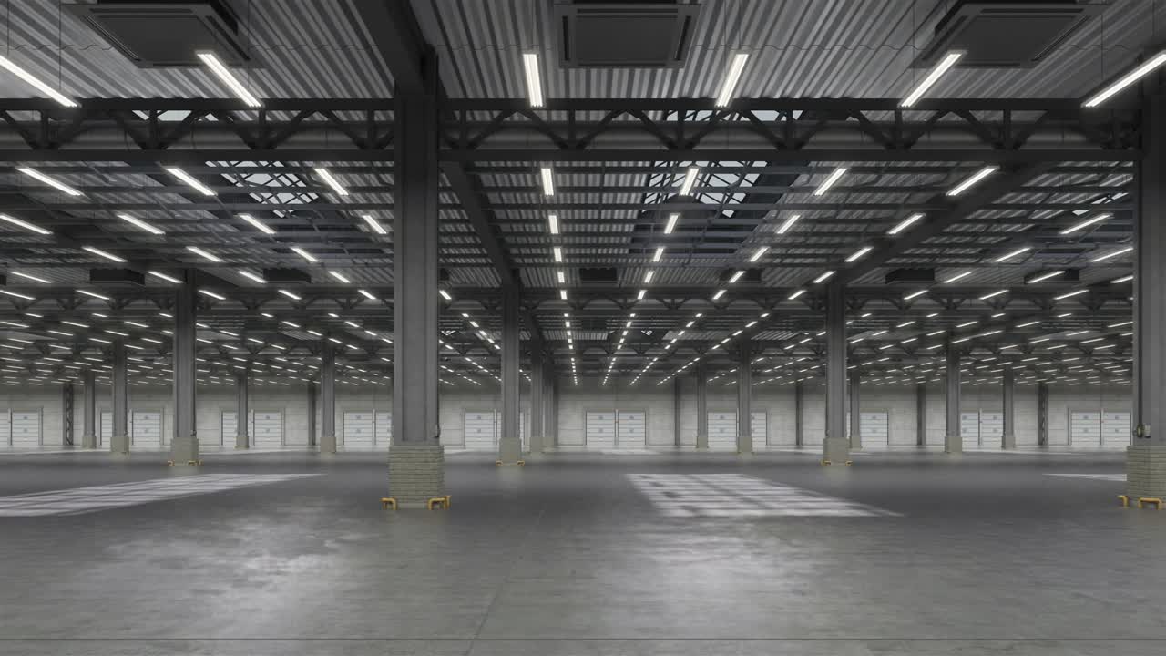Horizontal camera move in empty warehouse room. Looped animation.