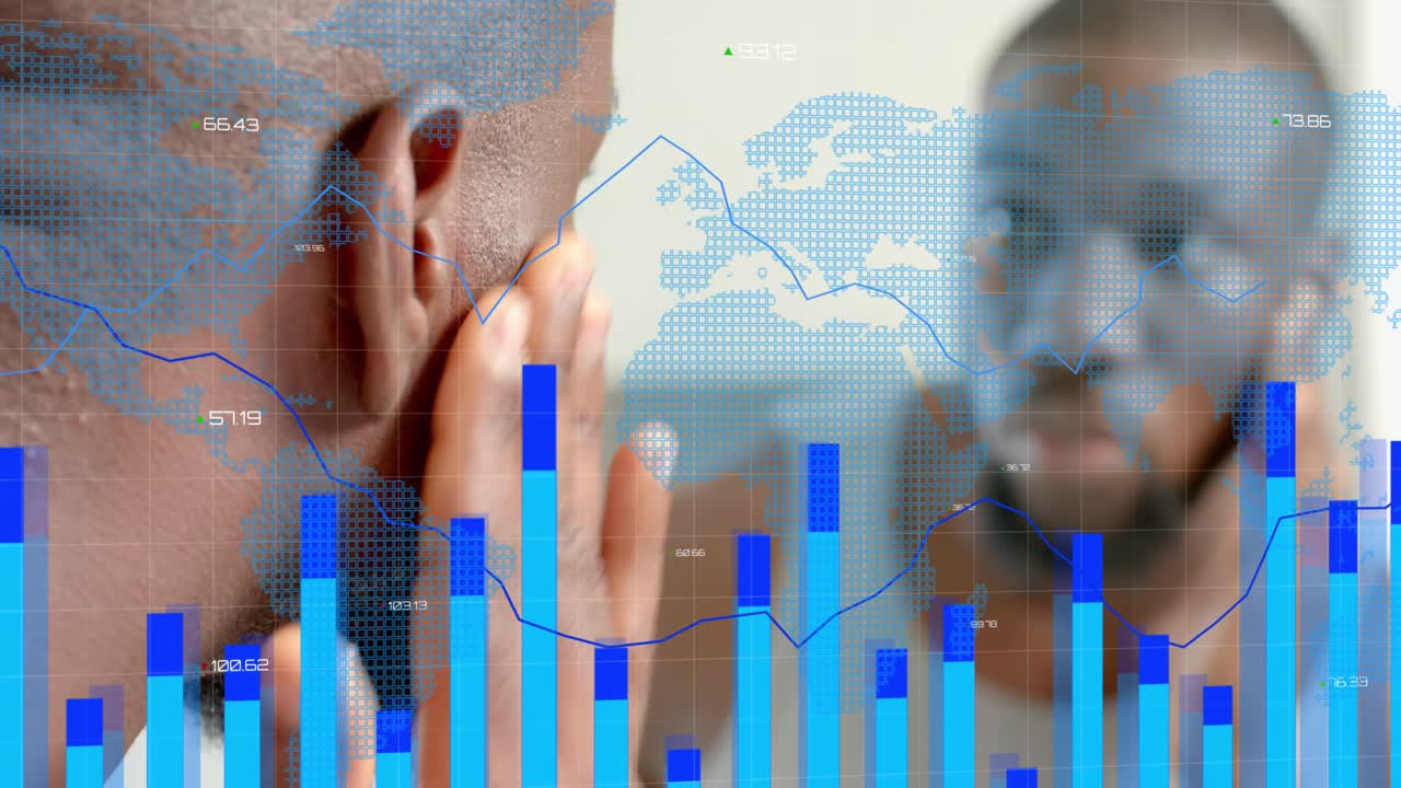 Man raising hand checking beard at mirror, animated charts rising and overlaying for grooming tech