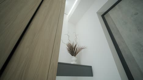 modern apartment hallway with wooden cabinet and concrete door
