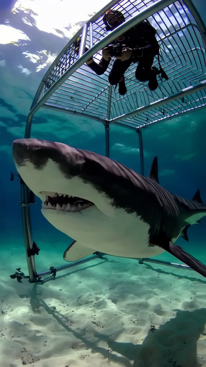 Shark Cage Diving Encounter with a Diver and Camera Underwater
