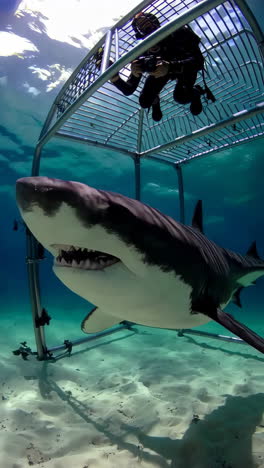 shark cage diving encounter with a diver and camera underwater