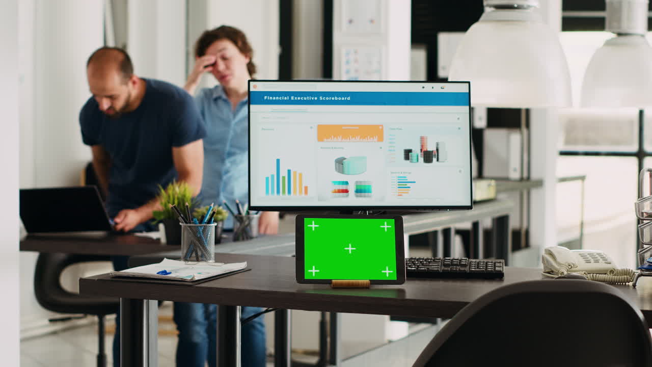 Desk with tablet showing greenscreen