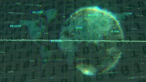 múltiples números cambiantes flotando sobre el globo giratorio y el mapa del mundo contra la codificación binaria
