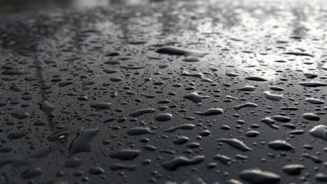 rain drops falling on the hood of a dark blue car with chrome trim, reflection if a street light and tree