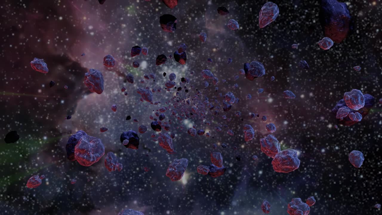 looping Deep space nebula filled with drifting asteroids, revealing mysterious cosmic landscape glowing with vibrant colors and subtle stellar movements