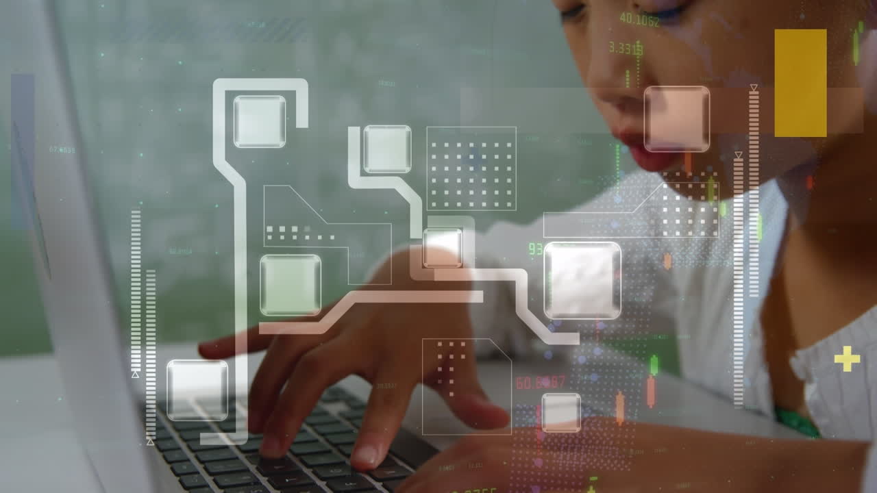 animación del procesamiento de datos sobre una chica asiática usando una computadora portátil