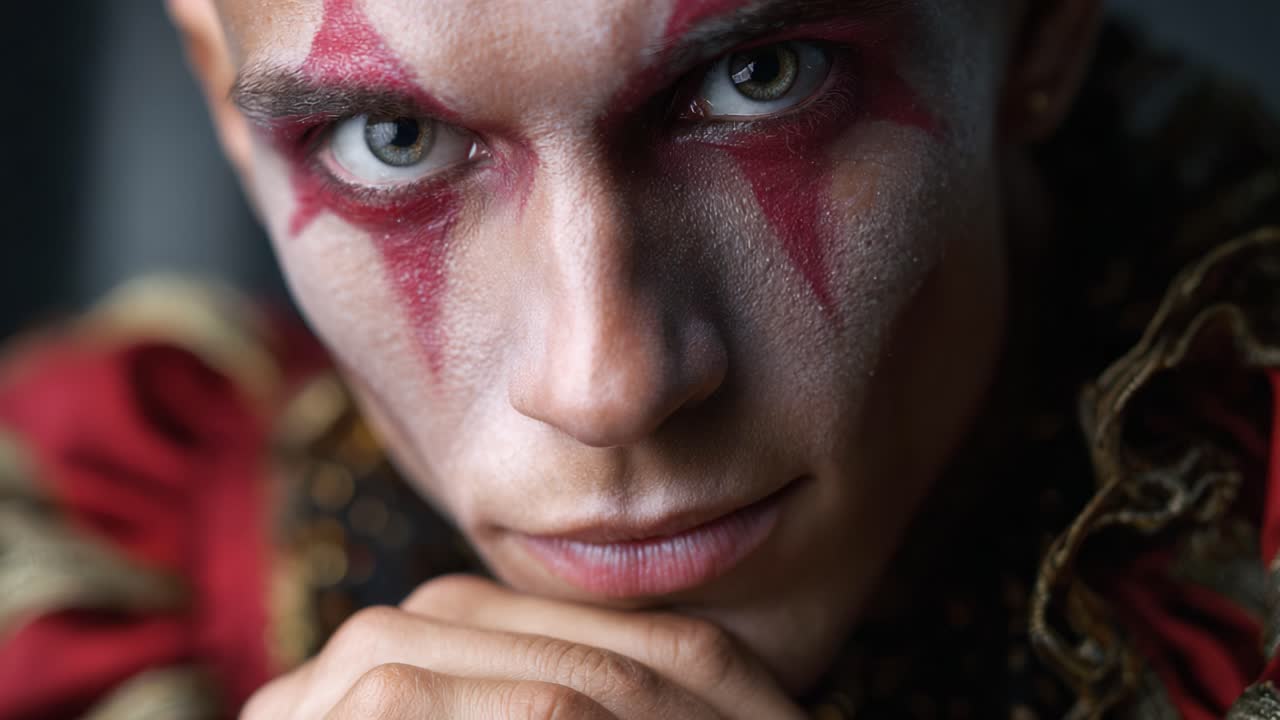 Un sorprendente ritratto ravvicinato di un artista con un trucco teatrale caratterizzato da audaci motivi a stella rossa sul viso, che rivela un'espressione e un personaggio intensi.
