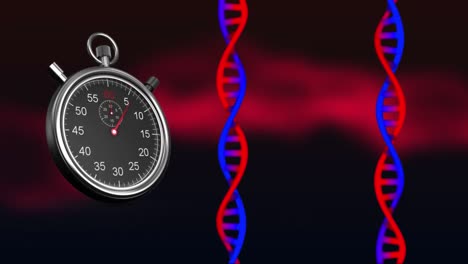 Animation-Eines-Timers,-Der-Sich-über-DNA-Stränge-Auf-Schwarzem-Hintergrund-Bewegt