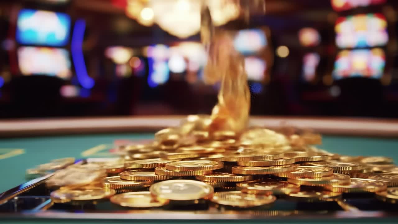 A Stunning Visual Journey into a Casino's Vibrant Atmosphere, Showcasing Falling Coins as They Gracefully Land on a Table Surrounded by Colorful Slot Machines