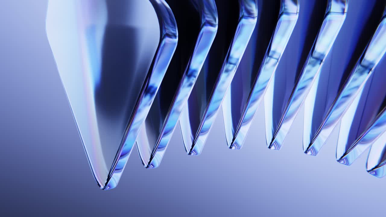 Abstract Iridescent Glass Shapes Moving on Blue Background