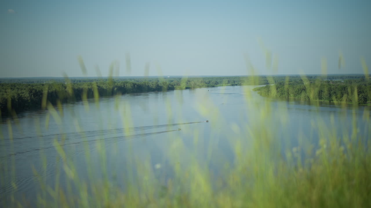 Close-up of tall grasses swaying gently in the breeze, with a serene lake in the background where two boats sail peacefully. The focus on the grasses contrasts with the soft, blurred view