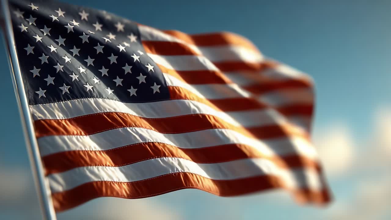 Una maestosa esibizione della bandiera americana che sventola con grazia su uno sfondo sereno, catturando l'essenza del patriottismo e della libertà nella brezza.