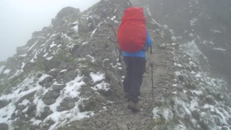 rocky-alpine-peaks,-landscape-of-a-slovakian-tatra-mountains,-steadicam-moving-follow-shot-following-a-female-hiker-walking-on-a-trail