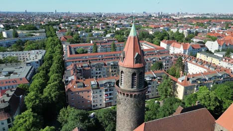 Wonderful-aerial-top-view-flight-Lukas-church-city-Berlin-steglitz,-Germany-Summer-day-2023