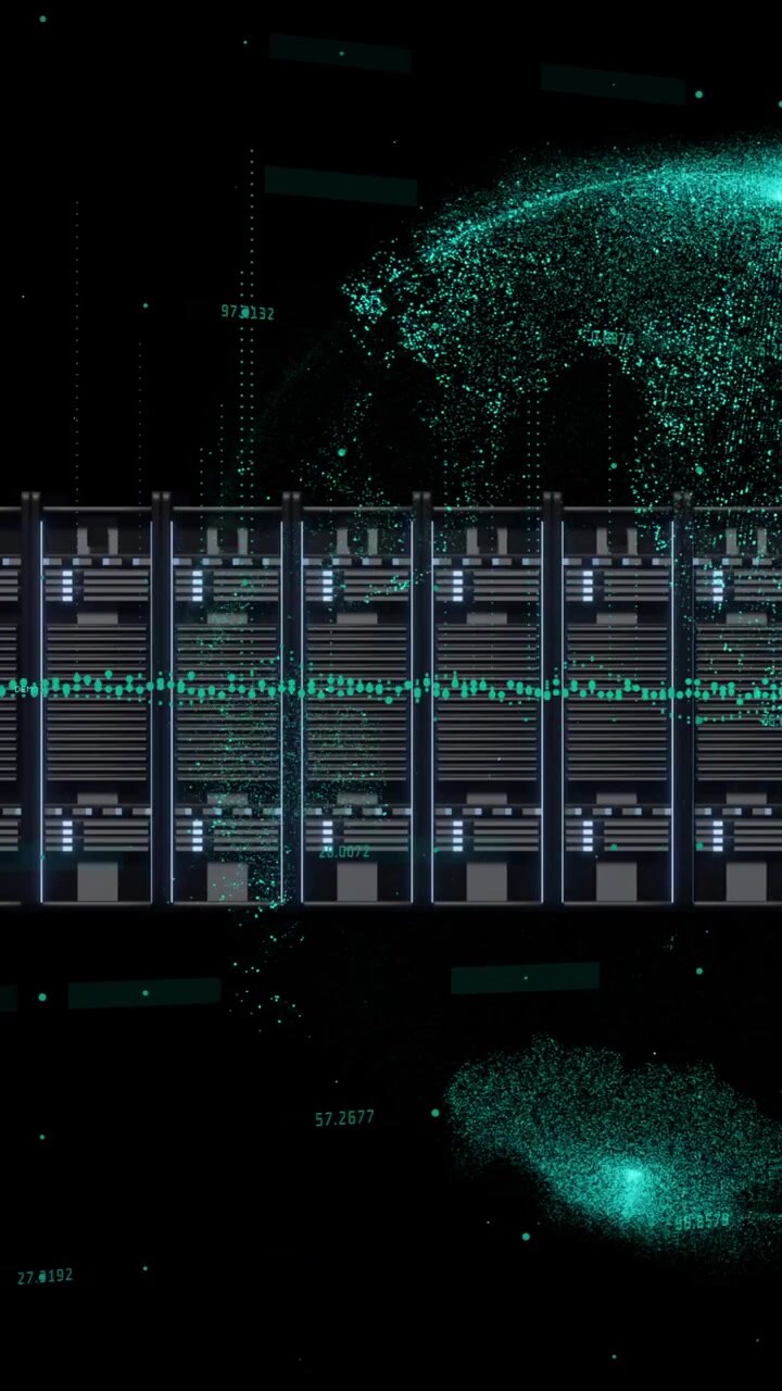 Animation of globe and data processing over computer servers