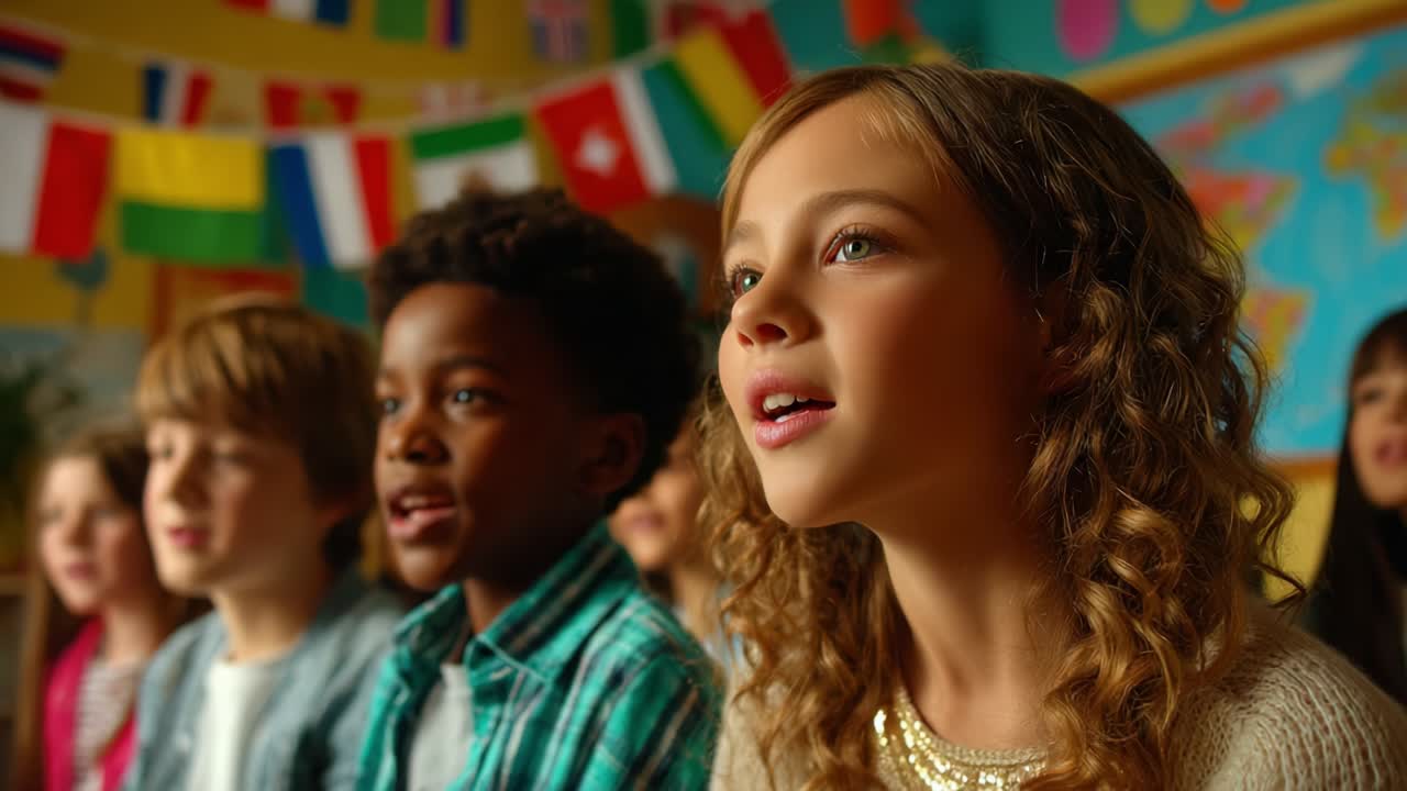 Diverse group of children in a classroom with flags