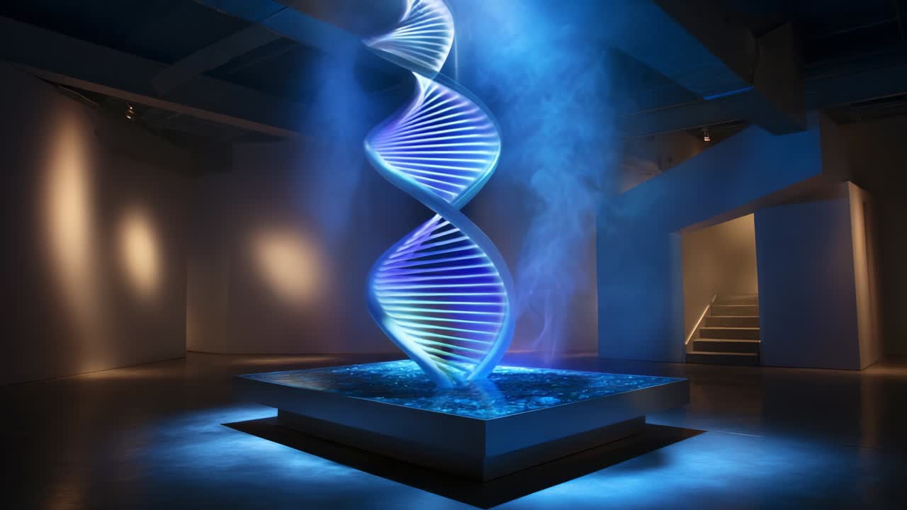 An Inspiring Contemporary Art Installation Featuring a Futuristic Light Sculpture of a DNA Helix, Glowing Blue in an Elegant Gallery Space with a Mystical Atmosphere and Choreographed Mist Effects